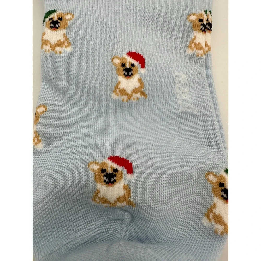 J. Crew Women's Ankle Socks Light Blue Puppy Dog Christmas‎ Print One Size NWT